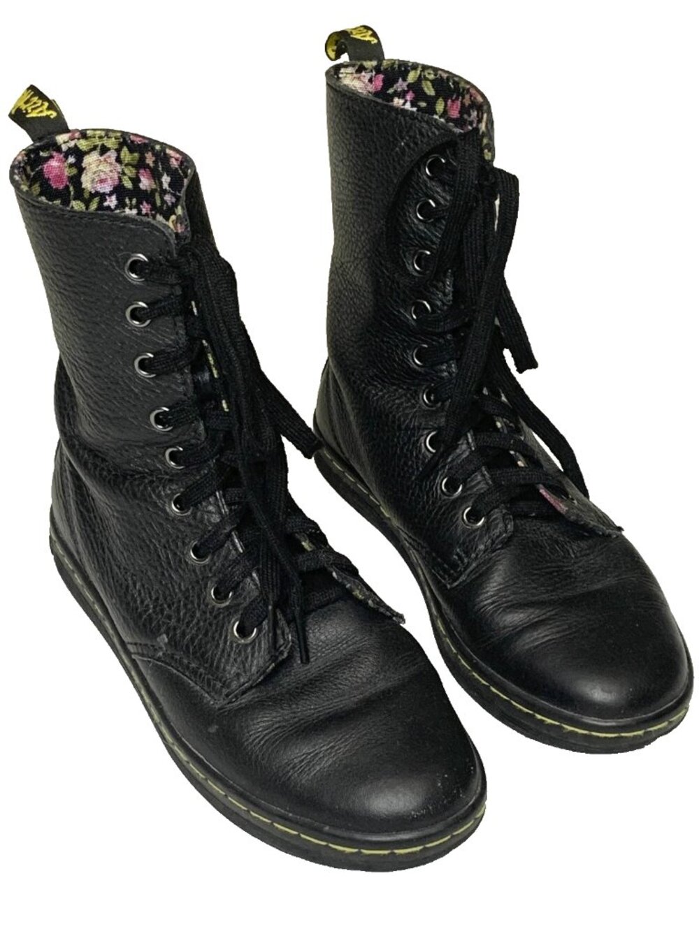 Dr Martens Stratford Floral Lined Boots Sz 6 Black Leather Fold Over AW004